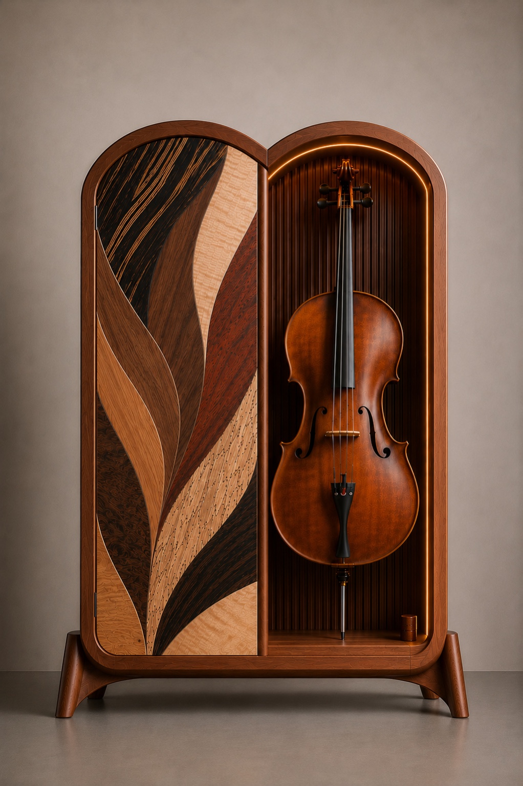 Vue générale du meuble Ecce Lignum pour violoncelle avec façade marquetée