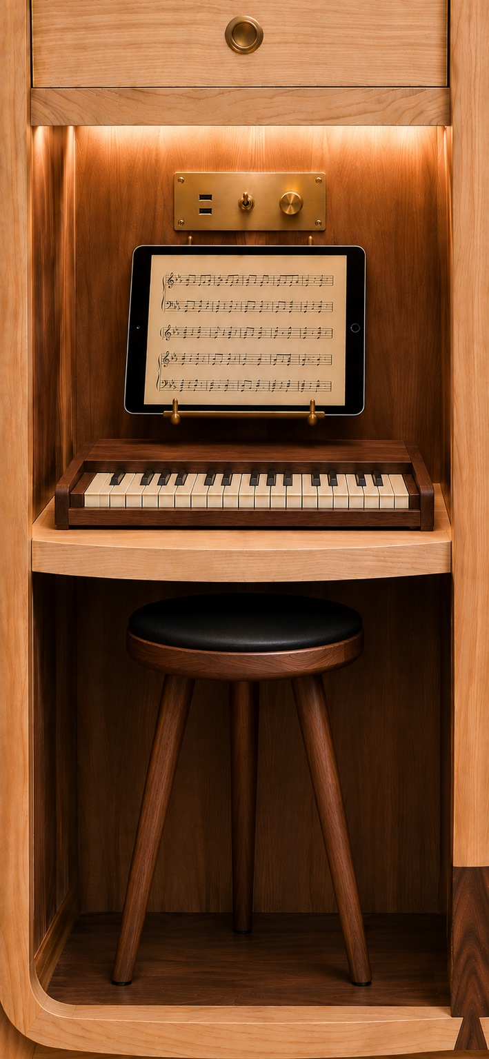 Petit clavier, tablette de partitions et tabouret intégrés au meuble Ecce Lignum