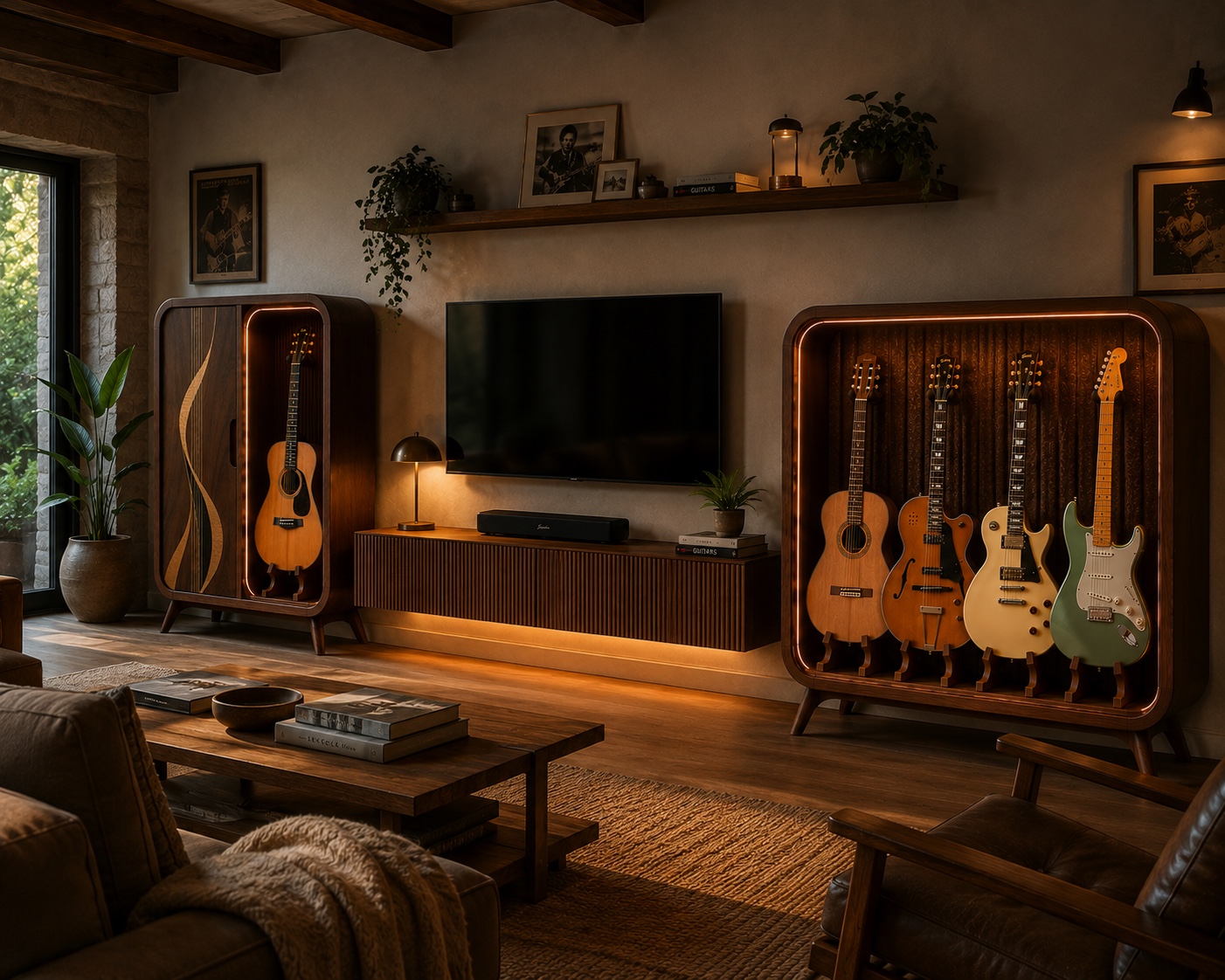 Essai de gamme Ecce Lignum avec plusieurs meubles pour instruments dans un salon