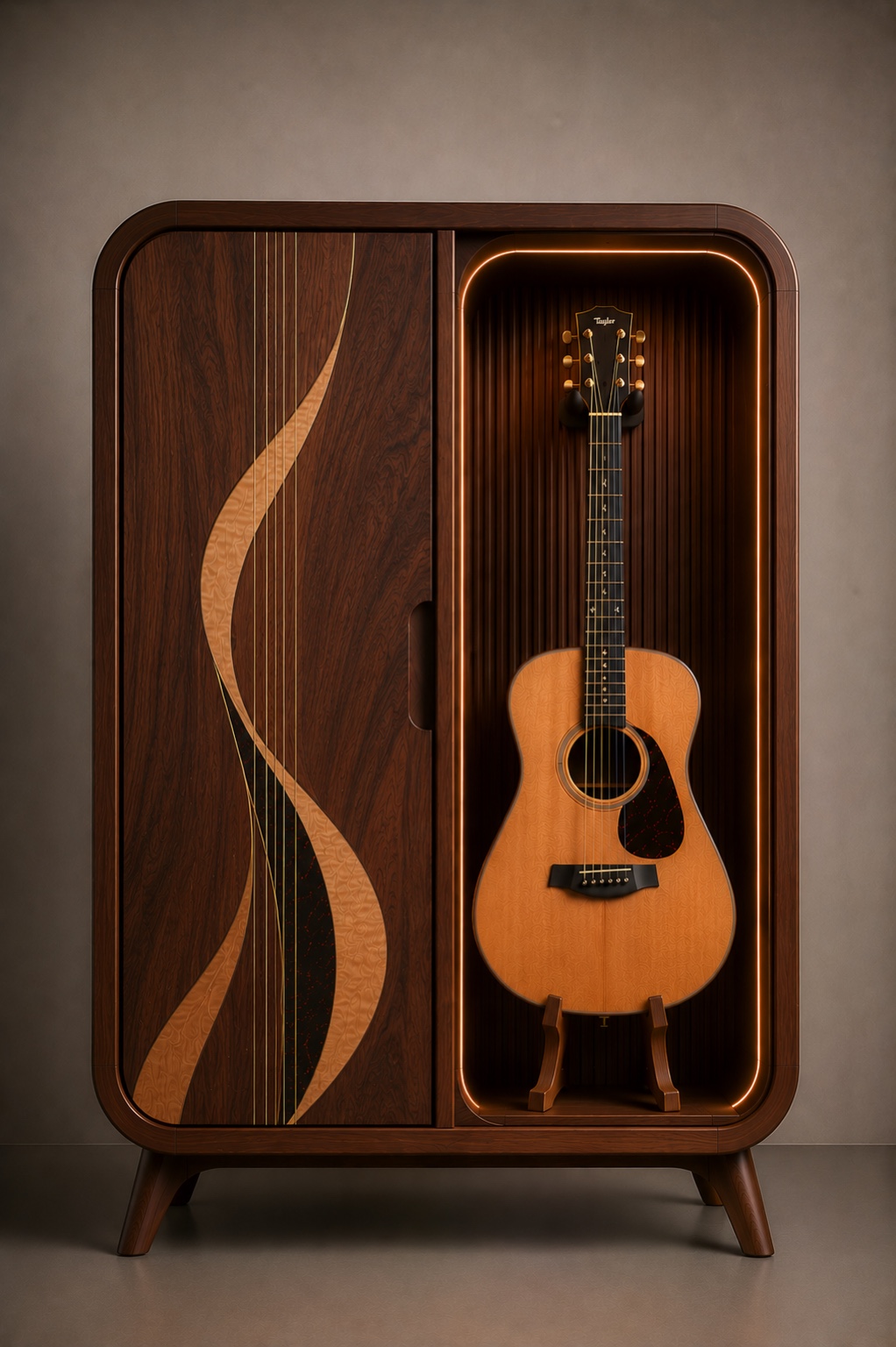 Étude de meuble Ecce Lignum pour guitare fermé