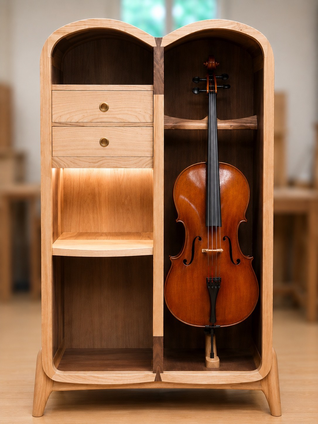 Vue générale ouverte du meuble pour violoncelle avec rangements et poste de travail